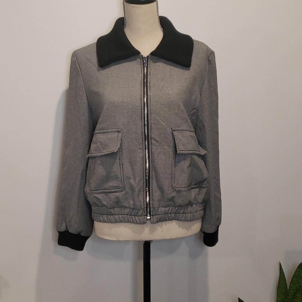 CLUB MONACO Houndstooth Knit Collared Bomber Jacket
